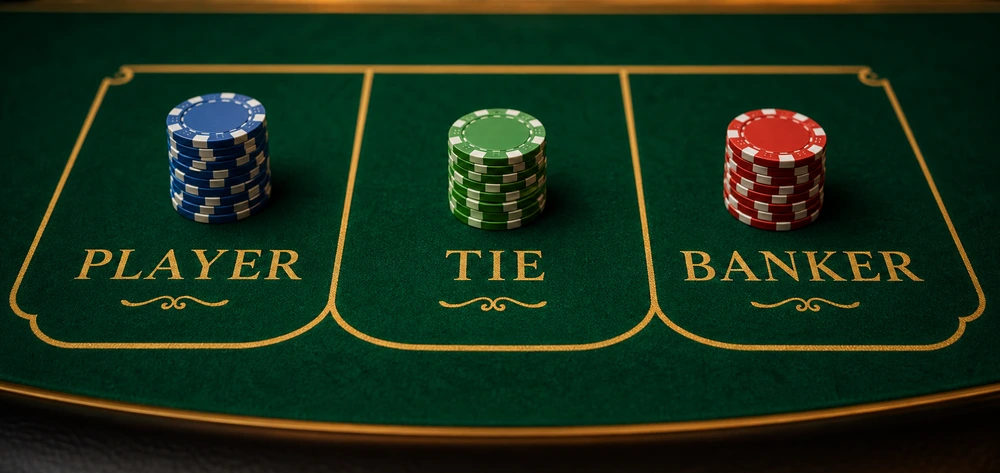 百家樂三個主要投注區——閒（Player）、和（Tie）、莊（Banker）；下注前先認清各注別的賠率與賭場優勢。（示意圖）