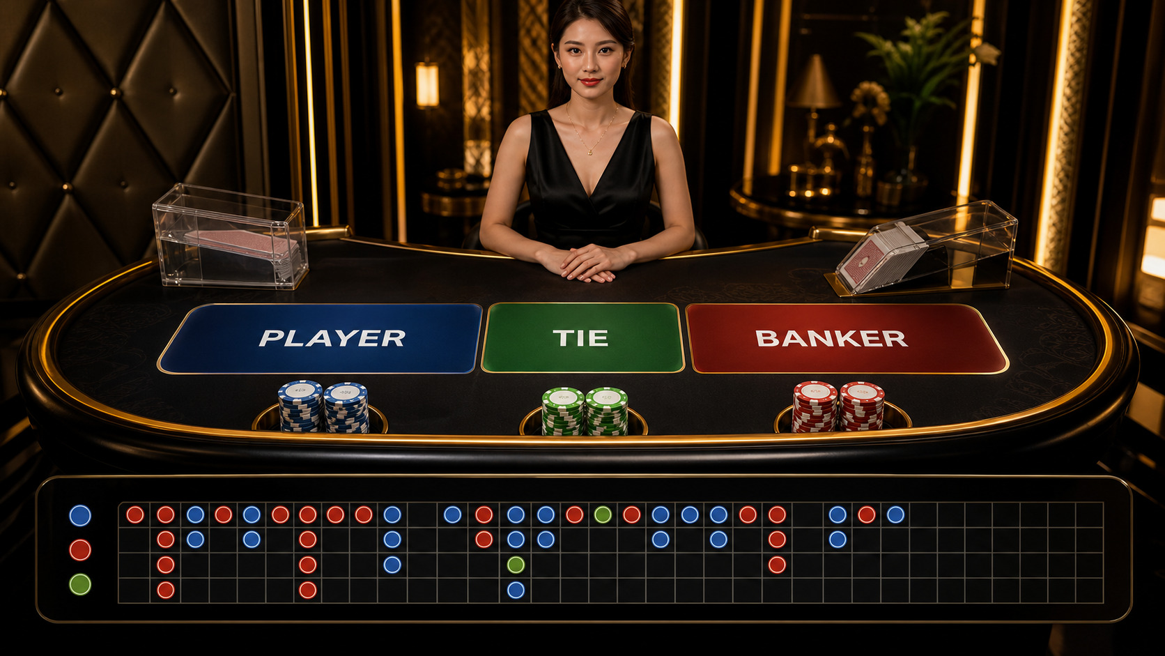 DG真人百家樂遊戲桌台介面，顯示莊閒和下注區與即時路單