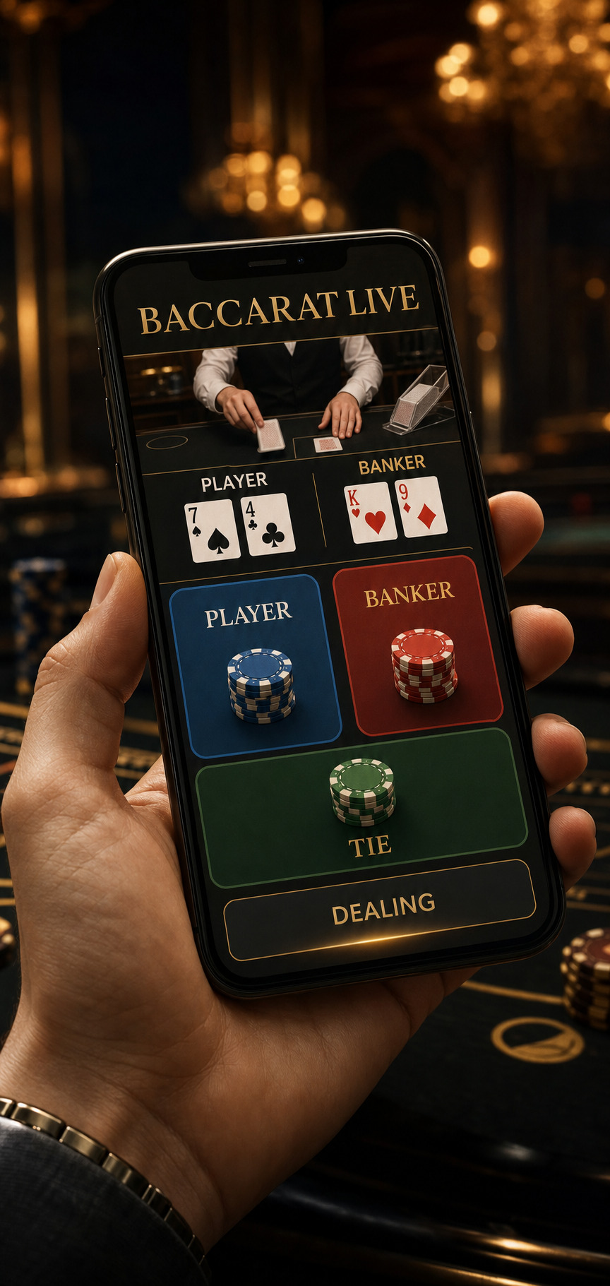 DG真人百家樂試玩畫面，玩家於下注區選擇莊閒和並觀察發牌流程
