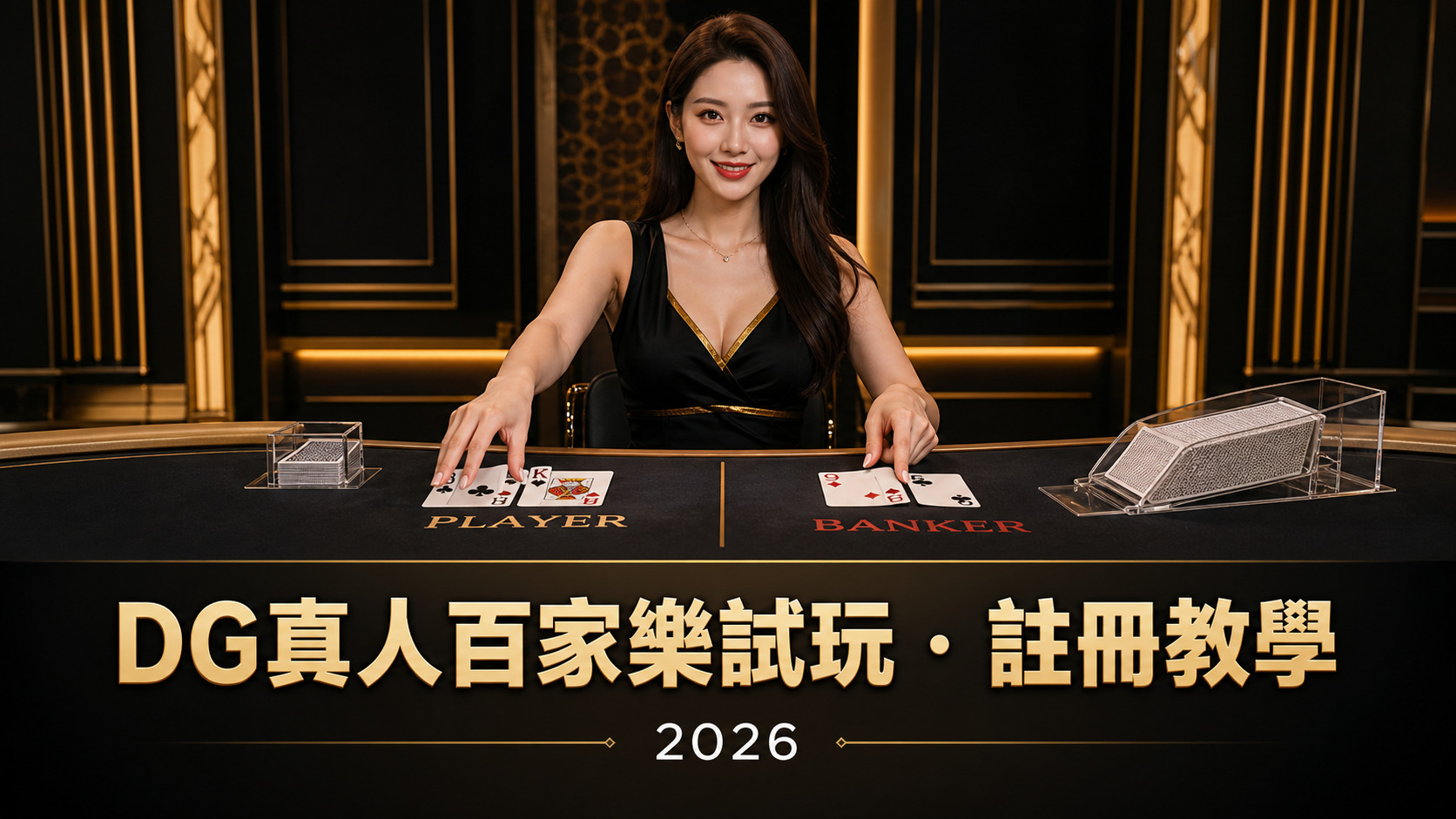 DG真人百家樂試玩與註冊教學封面，真人荷官於視訊攝影棚現場發牌