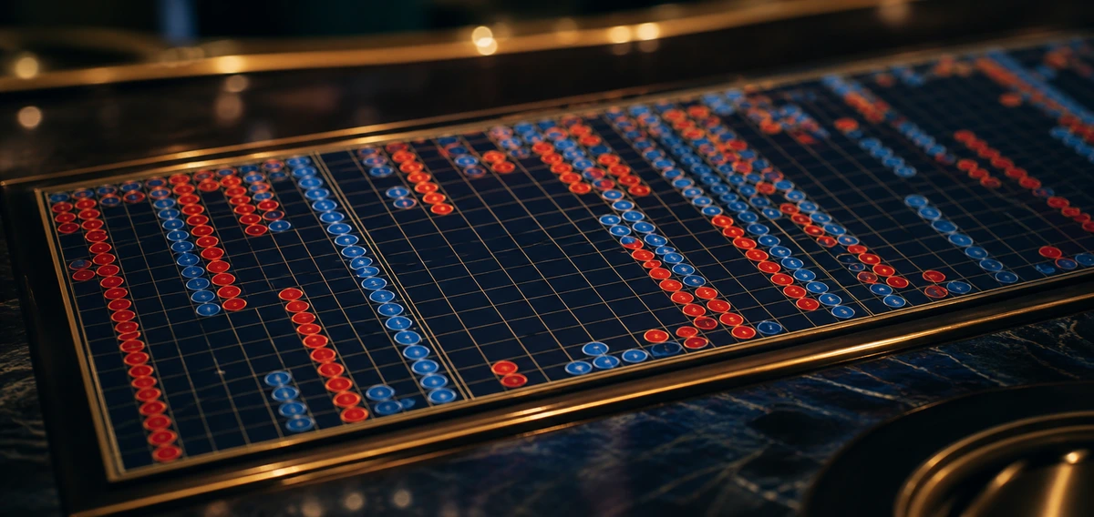深色桌面上的百家樂路紙板，紅藍圓點與線條排成一列列的網格，暖色邊緣光（示意圖，非遊戲畫面）