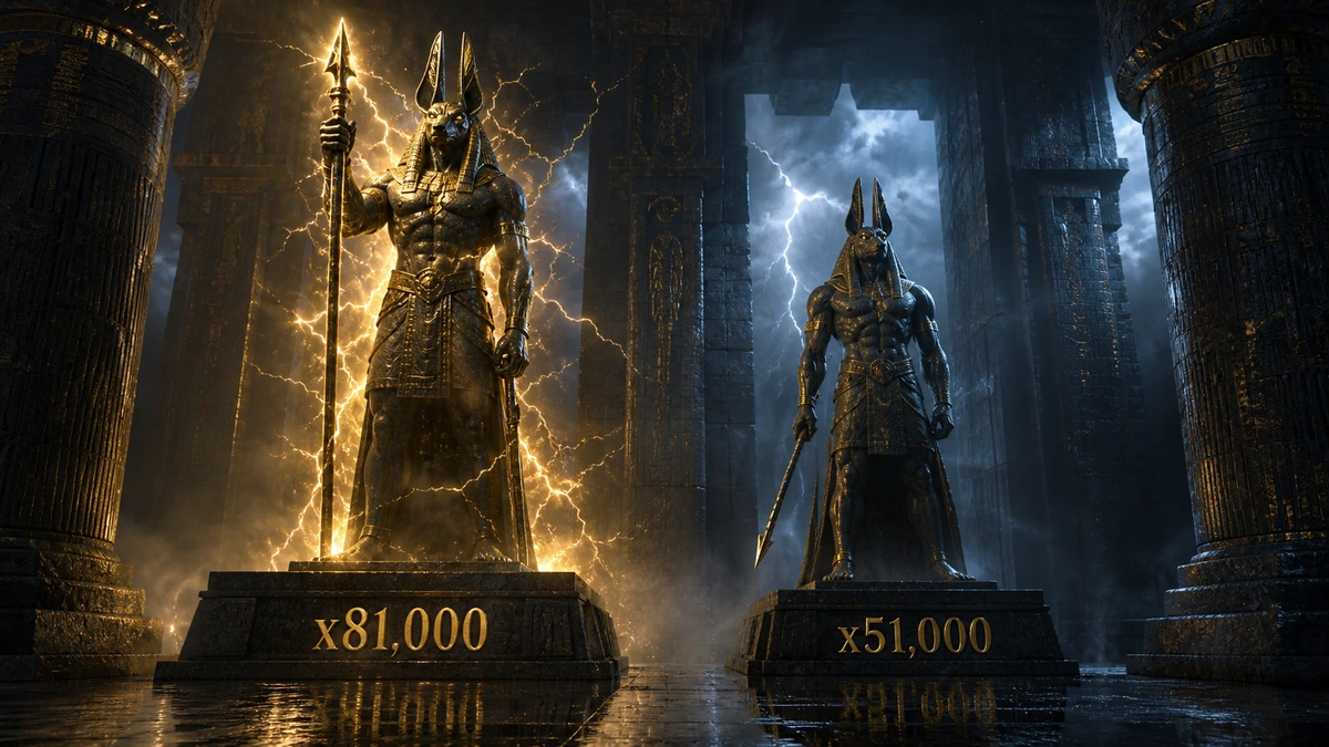 兩座高低不同的埃及戰神雕像並列,基座分別刻著 x81,000 與 x51,000,象徵戰神賽特2 與原版的最高倍數差距(示意圖,非遊戲畫面)