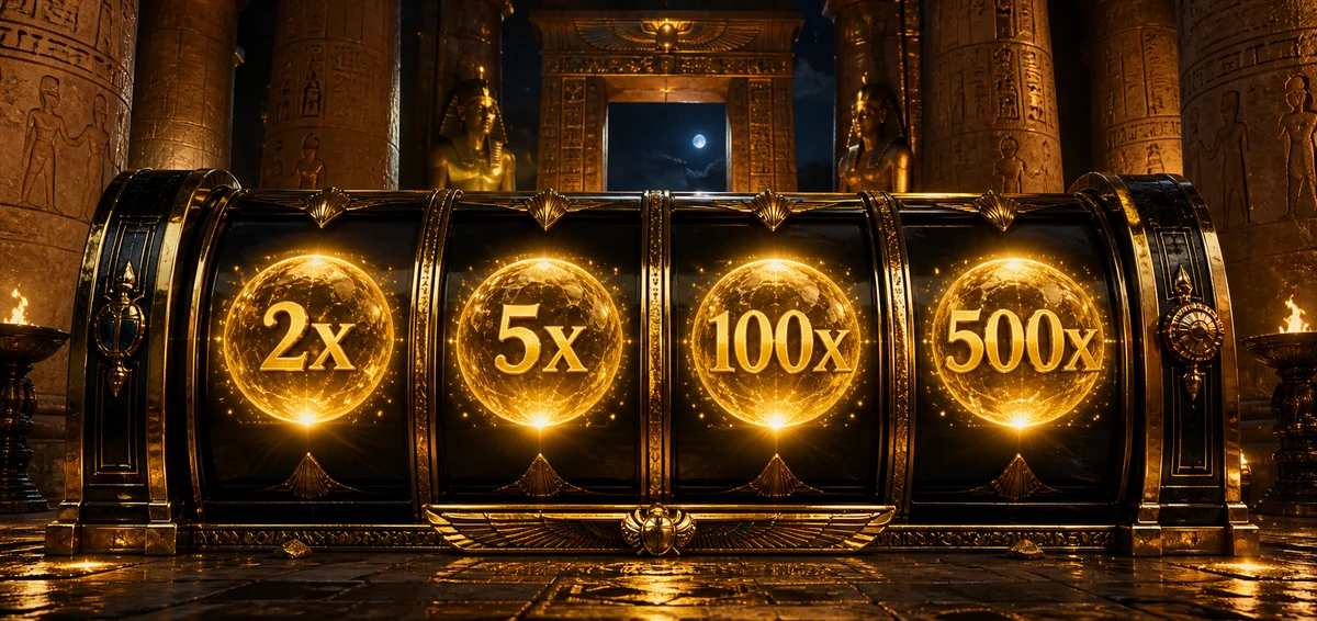 以埃及神殿風格呈現的倍數概念示意：2x、5x、100x、500x 四級倍數，對應戰神賽特免費遊戲的 2 倍至 500 倍隨機倍數（示意圖，非遊戲畫面）