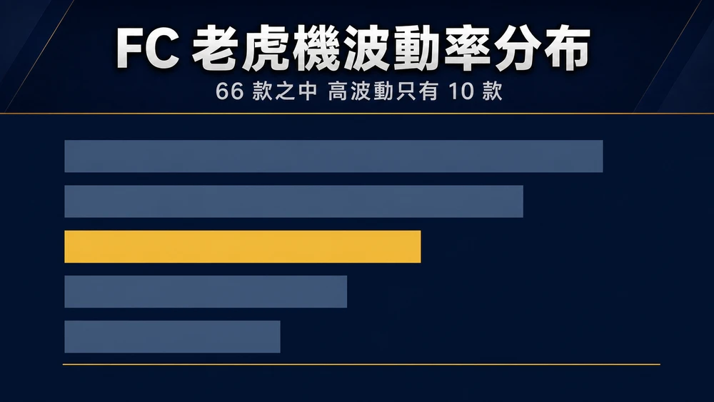 深藍底的橫向長條圖資訊圖，上方以繁體中文烤印「FC 老虎機波動率分布」與副標「66 款之中 高波動只有 10 款」，下方五條由長至短的色帶依序代表中、中高、高、中低、低五個波動率級別，代表高波動的第三條以金色標示（示意圖，非遊戲畫面）