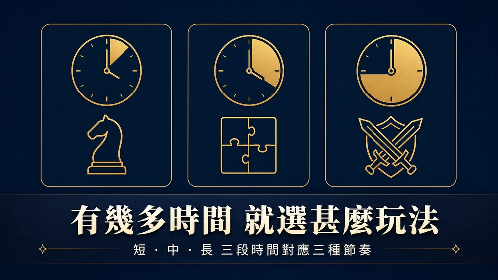 深藍底金色線稿的資訊圖:三張並列卡片各有一個時鐘圖示,扇形填色由左至右逐張加大代表短、中、長三段時間,時鐘下方分別是棋子、拼圖與交叉劍盾三個抽象遊戲圖示;下方以繁體中文烤印「有幾多時間 就選甚麼玩法」與副標「短 ‧ 中 ‧ 長 三段時間對應三種節奏」(示意圖)