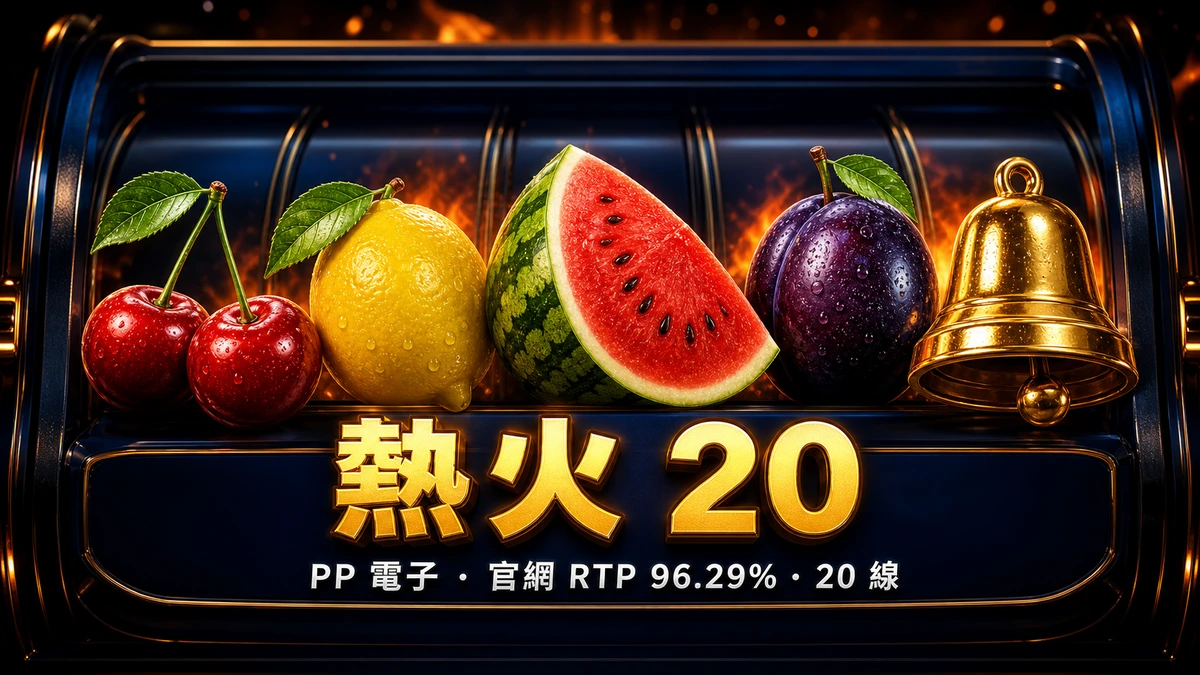 PP 熱火 20 老虎機玩法:官網 RTP 96.29% 與 20 條賠付線說明封面